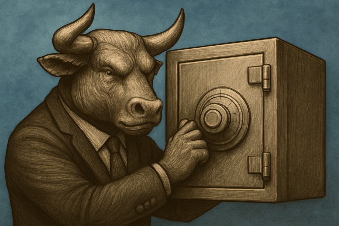 A bull in a suit securing a safe to represent full custody on Bitcoin Cash