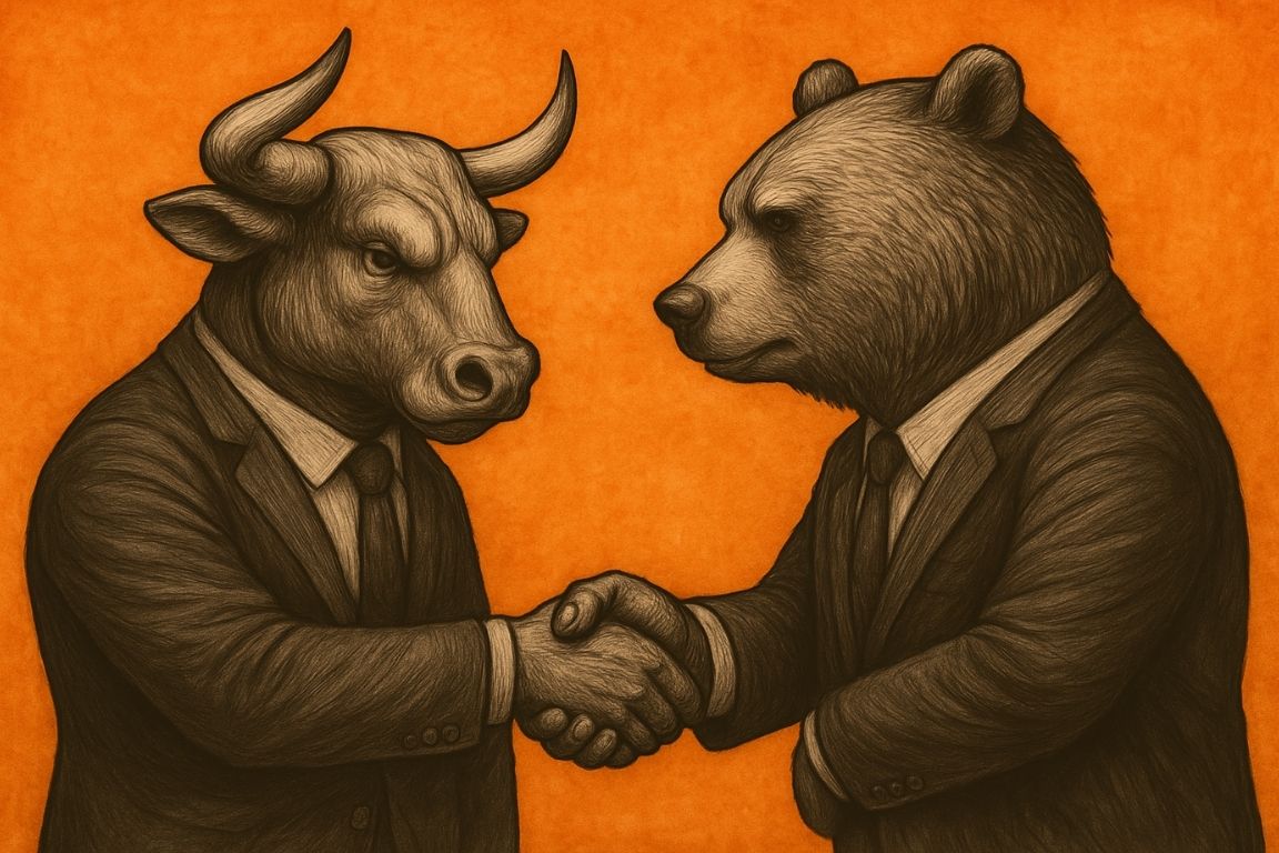 Bull and bear in suits shaking hands to represent peer-to-peer contracts on Bitcoin Cash