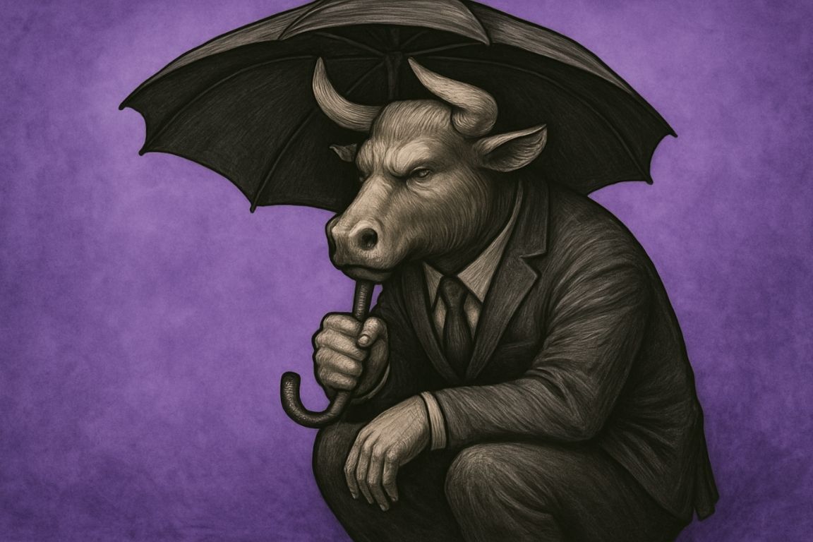 Bull crouching under an umbrella on a purple background representing safe hedging with Bitcoin Cash