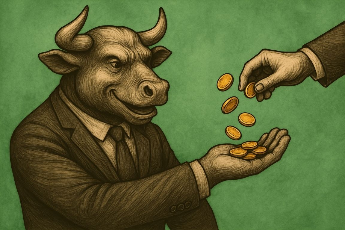 Bull in a suit receiving gold coins on a green background, representing earning premiums on BCH Bull