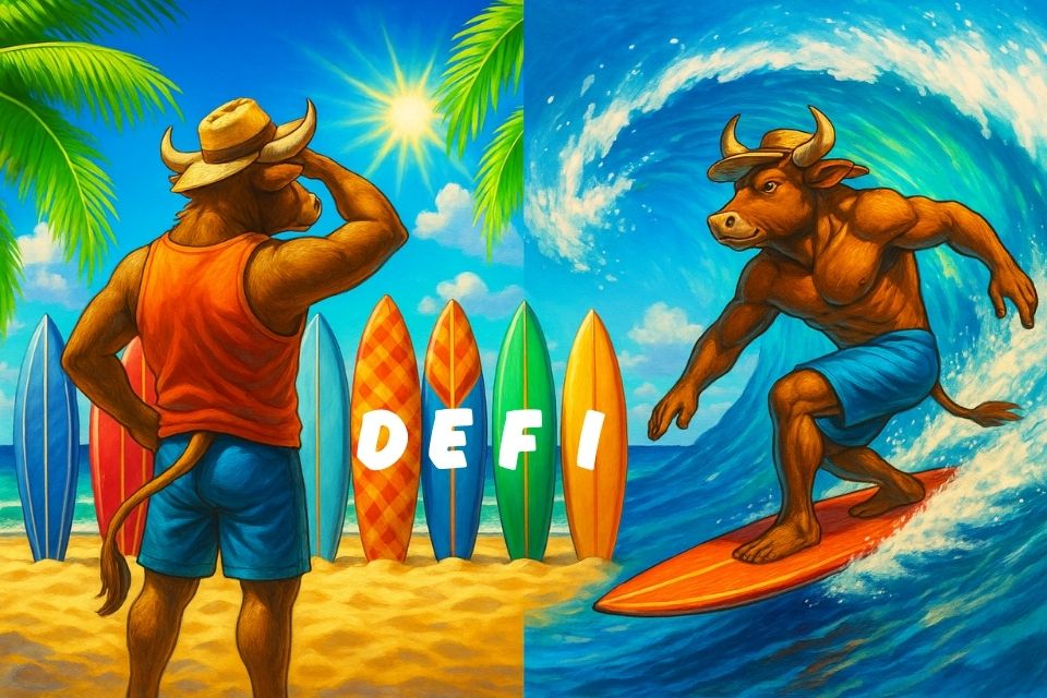 Bitcoin Cash secrets cover image: BCH bull comparing surfboards representing GMX, dYdX, and BCH Bull on a vibrant tropical beach, split with a surfing scene