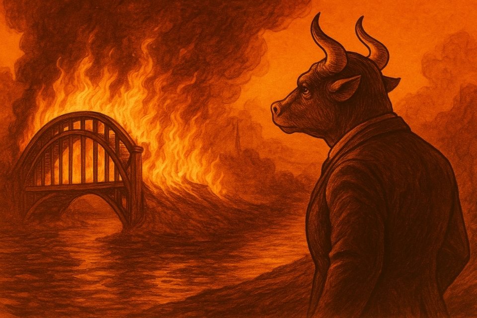Bull on riverbank watching distant bridges burn at sunset