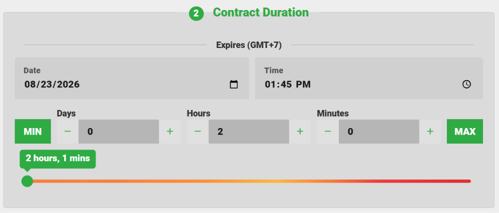 Contract Duration card with date, time, day and hour steppers, MIN and MAX buttons and a duration slider