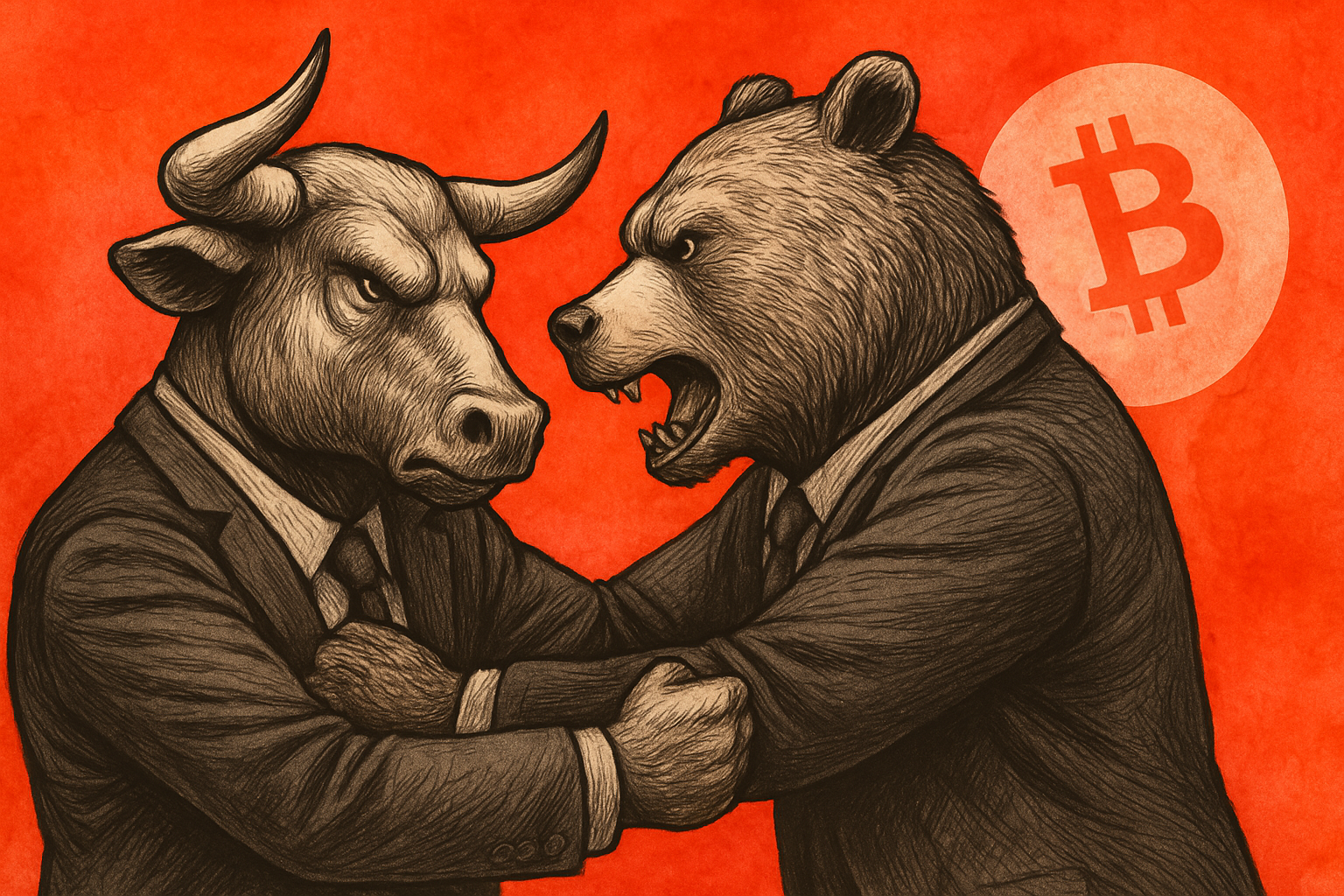 Illustration of a bull and bear in suits grappling, with a Bitcoin Cash symbol in the background
