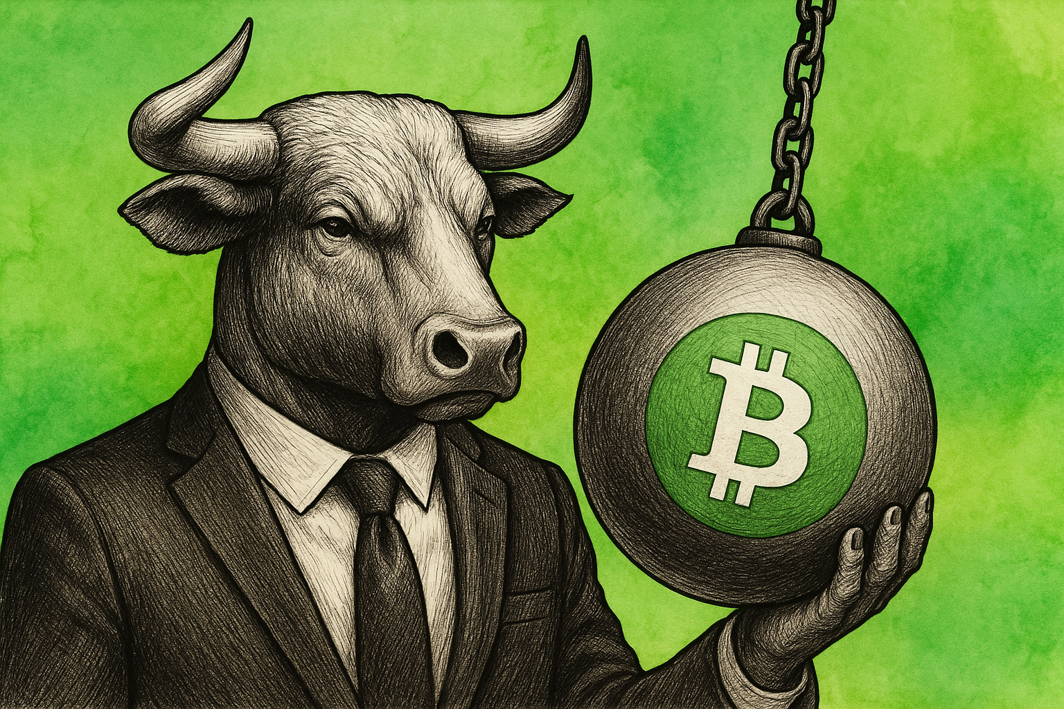 Illustration of a bull in a suit holding a Bitcoin Cash wrecking ball
