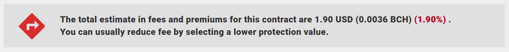 Example of BCH Bull contract screen showing red premium fee estimate