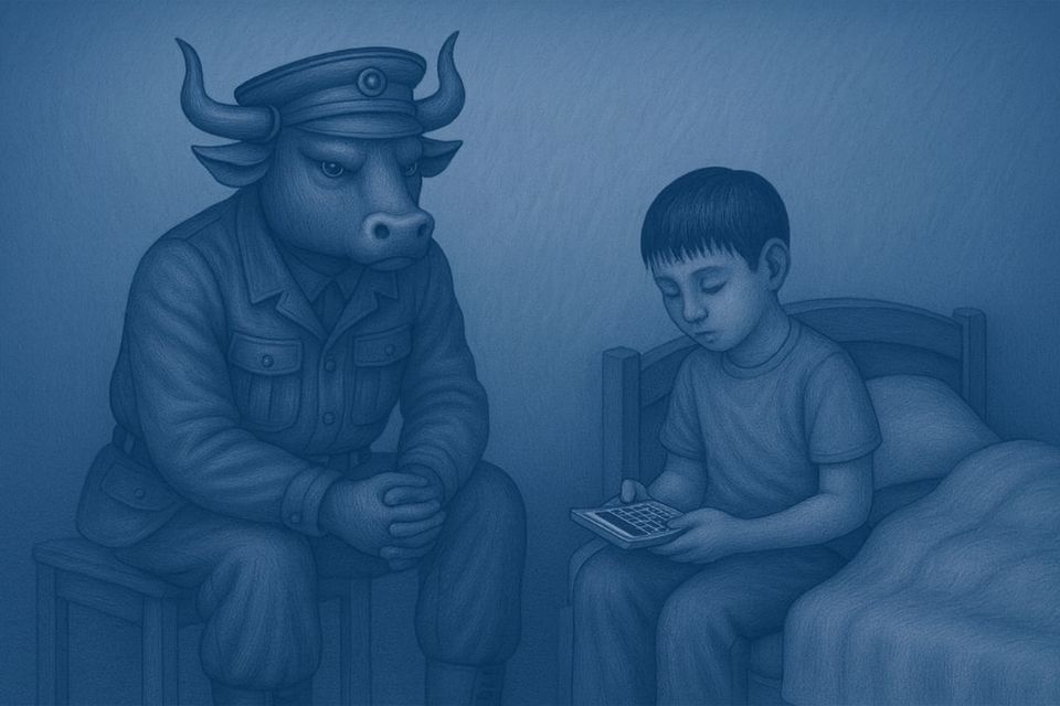 BCH Bull simulator illustration showing a bull soldier sitting beside a boy with a calculator